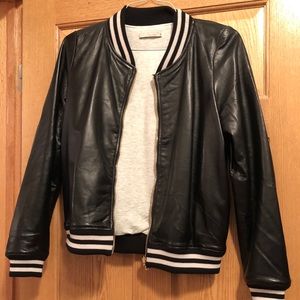 black leather jacket w/ sweatshirt material lining
